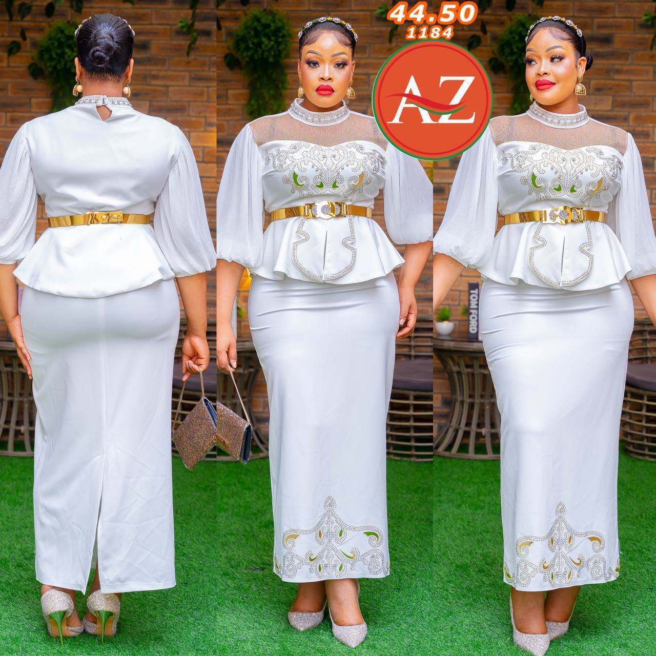Is this African fashion white and gold two-piece blouse and skirts set with belt featuring sheer mech