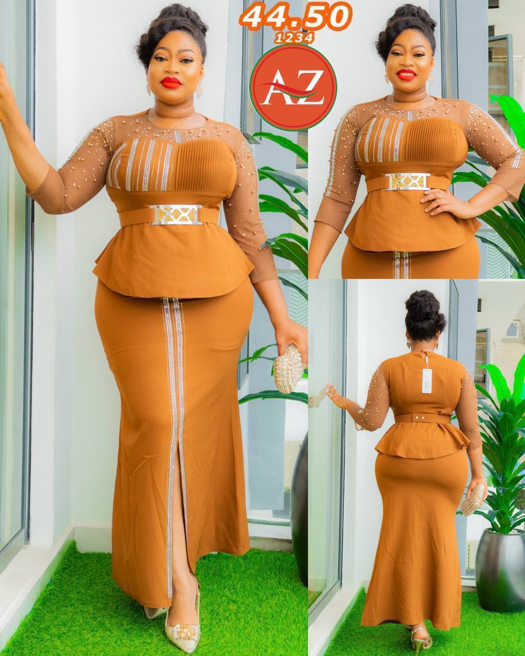 This is a plawden brand by yellow two piece African wedding guest dress sets featuring a mermaid style top